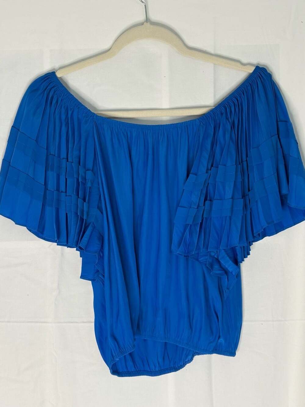 Ramy Brook Marcie Off-The-Shoulder Tiered Pleated Ruffle Sleeve Blouse in Royal